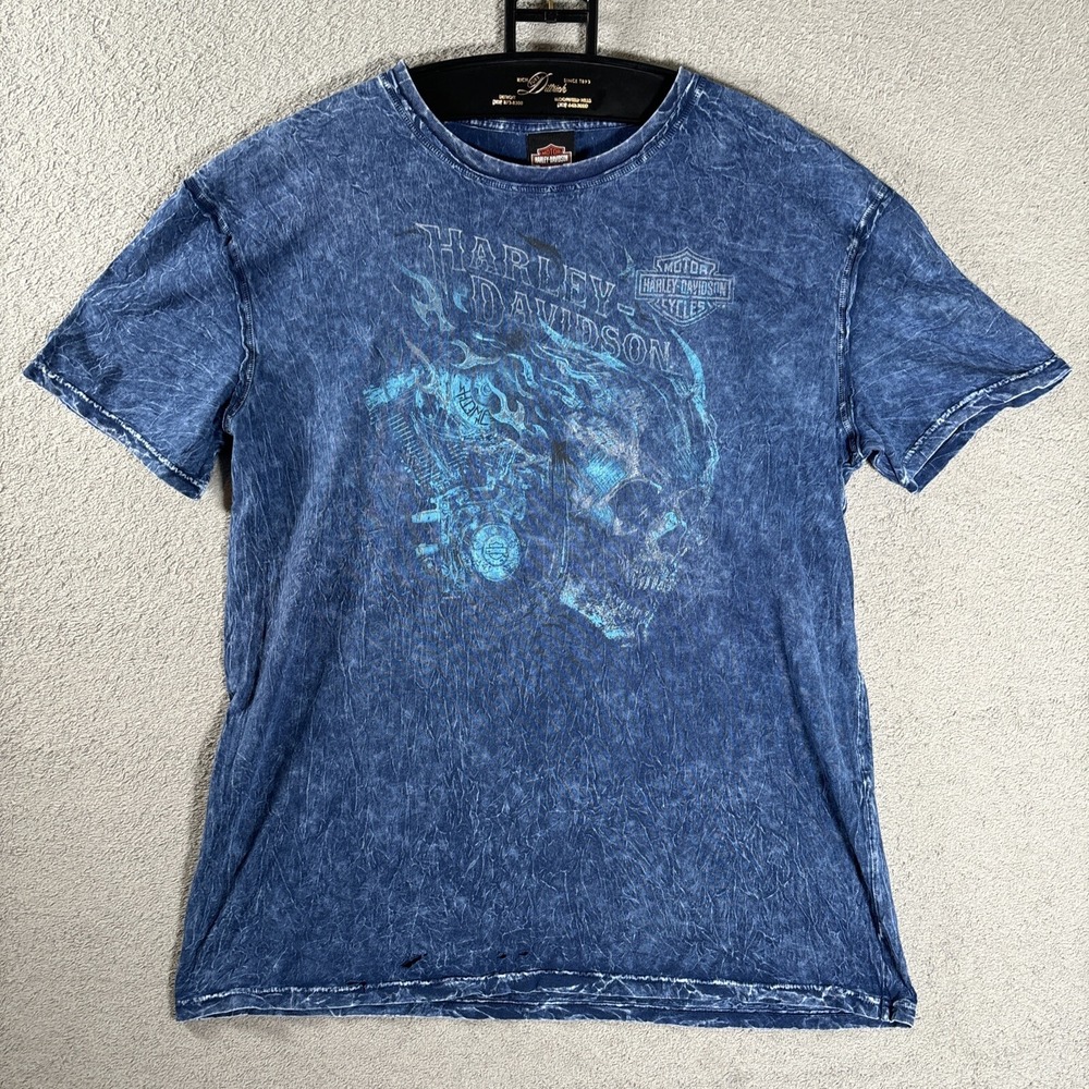 Harley-Davidson Abu‎ Dhabi UAE Graphic T-Shirt Mens Large Blue Acid Wash Skull